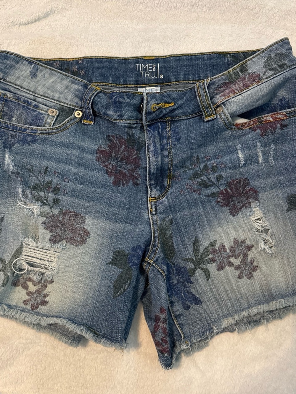 Time and Tru Blue Denim Floral Distressed Cutoff Shorts